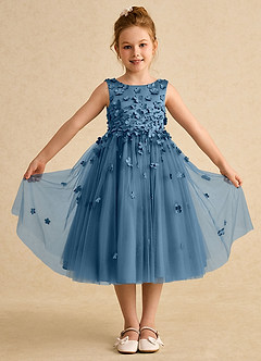 Azazie Lana Blumenmädchenkleider A-Linie ärmellos Matte Satin Kleid Bermudablau image1