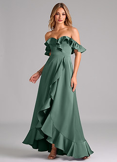 Azazie Lyra Bridesmaid Dresses Eucalyptus A-Line Off the Shoulder Stretch Satin Convertible Dress image1
