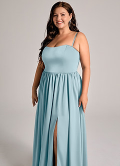 Azazie Calianna Robes de demoiselle d'honneur Robe Trapèze Convertible en Satin extensible Épaule décolletée Bleu Maussade image11