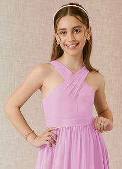 Azazie Jiya Junior Vestido de Rosa Caramelo de Gasa de Corte En A con Plisado image4