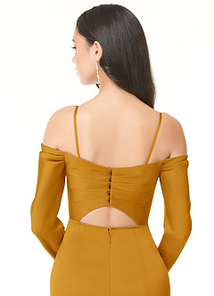 Azazie Hallie Vestidos de damas de honor Vestido de Caramelo de Satén Elástico de Corte Recto Convertible con Manga larga con hombros descubiertos image8