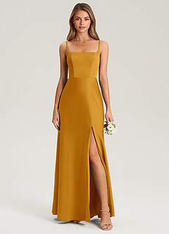 Azazie Lidia Bridesmaid Dresses Butterscotch Mermaid Side Slit Stretch Satin Dress image10