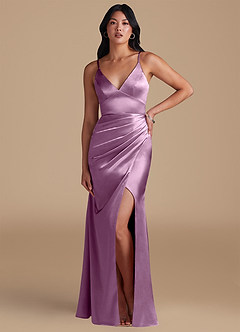 Azazie Shania Bridesmaid Dresses Wisteria Sheath Pleated Metallic Satin Dress image5