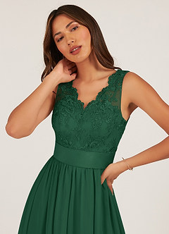 Azazie Gertrude Abiti da Damigella Abito A-Line in Chiffon Pizzo Verde Scuro image6
