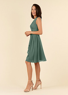 Azazie Theron At-home Try On Dresses Agave A-Line V-Neck Pleated Chiffon Dress image3