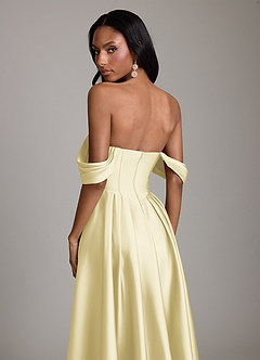 Azazie Loisa Bridesmaid Dresses Lemon Sorbet A-Line Off the Shoulder Stretch Satin Dress image4