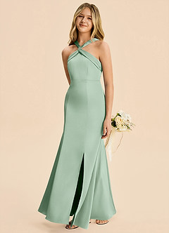 Azazie Rue Junior Agave Mermaid Pleated Stretch Satin Dress image3