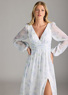 Azazie Norah Robes de demoiselle d'honneur Robe Trapèze en Mousseline de soie Col en V, manches longues Bleu Vintage Florale image6