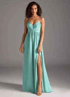 Azazie Alia Robes de demoiselle d'honneur Robe Trapèze en Satin extensible Plissée Aqua image1