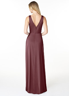 Azazie Nelly Bridesmaid Dresses Sangria A-Line V-Neck Pleated Stretch Satin Dress image2