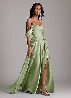 Azazie Loisa Abiti da Damigella Abito A-Line in Raso Elasticizzato a Spalla Scoperta Verde Salvia image6