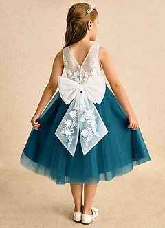 Azazie Lina Flower Girl Dresses Ivory Ink Blue Ball-Gown Lace Dress image1