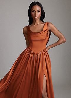 Azazie Novi Bridesmaid Dresses Cinnamon A-Line with Pockets Stretch Satin Dress image3