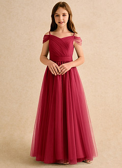 Azazie Yuna Girls Formal vestidos de niña de las flores Vestido de Escarlata de Tul de Corte en A con Vestidos sin tirantes image4