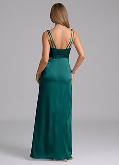 Azazie Leo Bridesmaid Dresses Peacock Sheath Pleated Stretch Satin Dress image2