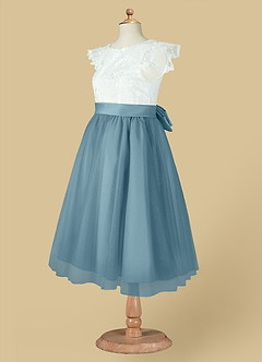 Azazie Vetty Flower Girl Dresses Ivory Moody Blue A-Line Lace Tulle Dress image14