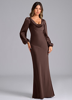 Azazie Melani At-home Try On Dresses Eucalyptus Mermaid Long Sleeve Stretch Satin Dress image4