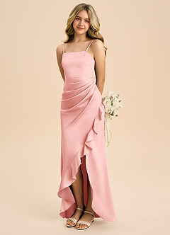 Azazie Buzzy Junior Powder Pink Sheath Pleated Stretch Satin Dress image1