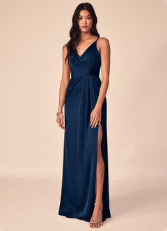 Azazie Aqua Bridesmaid Dresses Dark Navy A-Line V-Neck Pleated Stretch Satin Dress image1