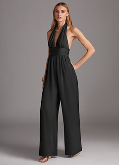 Azazie Oli Robes de demoiselle d'honneur Combinaison en Satin extensible Plissée Noir image1