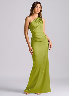Azazie Akilah Bridesmaid Dresses Lemongrass Mermaid One Shoulder Stretch Satin Dress image1