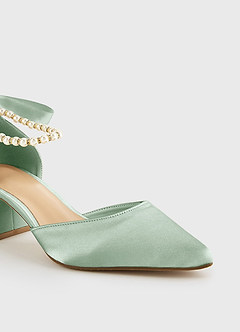 front Matching Color Matte Satin Pearl and Bow Pointed Toe Block Heels