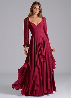 Azazie Karan Bridesmaid Dresses Burgundy A-Line Long Sleeve Chiffon Dress image1