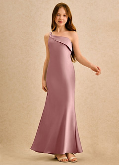 Azazie Almond Girls Formal vestidos de niña de las flores Vestido de Rosa Polvorienta de Satén Elástico de Corte Recto con Hombro unilateral image6