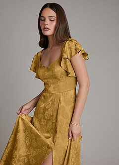 Azazie Keya Bridesmaid Dresses Marigold Jacquard A-Line Ruched Jacquard Dress image3