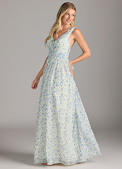 Azazie Kora Bridesmaid Dresses Blue And White Ditsy Floral A-Line Pleated Chiffon Dress image4