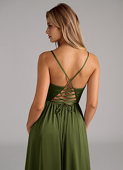 Azazie Aaida Bridesmaid Dresses Olive A-Line Corset Stretch Satin Dress image2