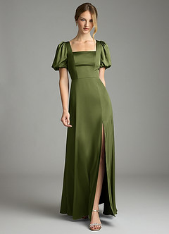 Azazie Fyona Bridesmaid Dresses Olive A-Line Pleated Stretch Satin Dress image7