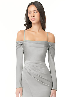 Azazie Hallie Bridesmaid Dresses Silver Sheath Off-The-Shoulder Long Sleeve Stretch Satin Convertible Dress image2