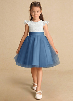 Azazie Vetty Flower Girl Dresses Ivory Steel Blue A-Line Lace Tulle Dress image6