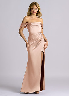 Azazie Auden Vestidos de damas de honor Vestido Oro Rosa de Satén Elástico de Corte Recto Convertible con Hombros descubiertos image7