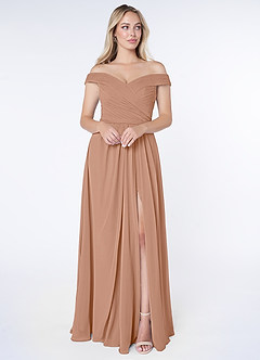 Azazie Audrianna Bridesmaid Dresses Champagne Rose A-Line Off-The-Shoulder Gathered Chiffon Convertible Dress image1