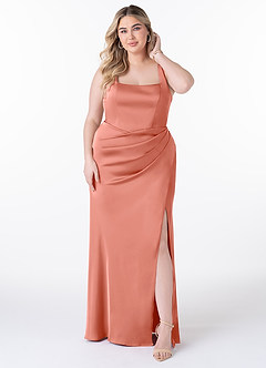 Azazie Mero Bridesmaid Dresses Coral Mermaid Pleated Stretch Satin Dress image6