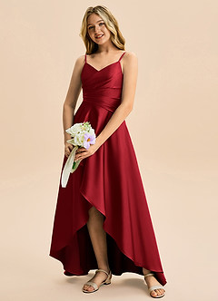 Azazie Eirlys Junior Scarlet A-Line Pleated Stretch Satin Dress image4