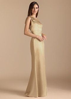 Azazie Rinna Bridesmaid Dresses Champagne Mermaid Ruched Metallic Satin Dress image3