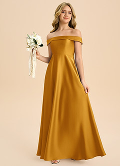 Azazie Sissy Junior Abito A-Line in Raso Elasticizzato a Spalla Scoperta Caramello image3