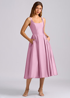 Azazie Amalie Vestidos de damas de honor Vestido de Rosa Caramelo de Satén Elástico de Línea A con Plisado image5