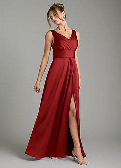 Azazie Karina Bridesmaid Dresses Pomegranate A-Line Pleated Stretch Satin Dress image4