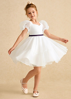 Azazie Debbie Flower Girl Dresses Ivory Plum Ball-Gown Sweetheart Neckline Organza Dress image3