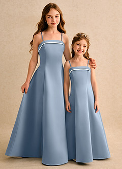 Azazie Izel Junior Formal Flower Girl Dresses Ivory Dusty Blue A-Line Pleated Matte Satin Dress image2