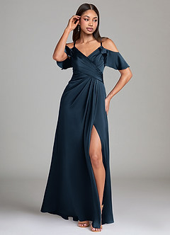 Azazie Dakota Jurken voor bruidsmeisjes Jurk van Stretch Satijn met A-lijn Off-shoulder Donkere Marine image4