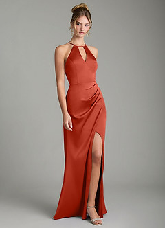 Azazie Aidyn Bridesmaid Dresses Rust Sheath Pleated Stretch Satin Dress image3