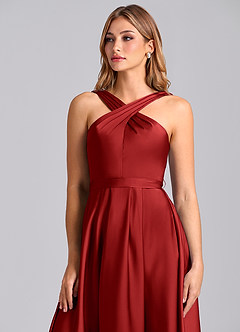 Azazie Dixie Bridesmaid Dresses Pomegranate A-Line Pleated Stretch Satin Dress image6