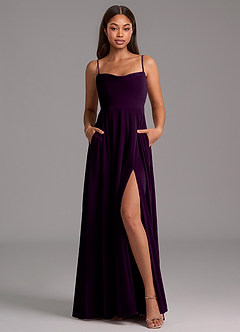 Azazie Elle Bridesmaid Dresses Grape A-Line with Pockets Velvet Dress image1