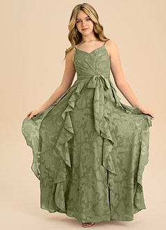 Azazie Peyton Junior Vestido de Pistacho de Devorado Floral de Corte en A con Plisado image3