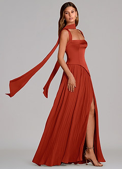 Azazie Stephanie Bridesmaid Dresses Rust A-Line Pleated Stretch Satin Dress image3